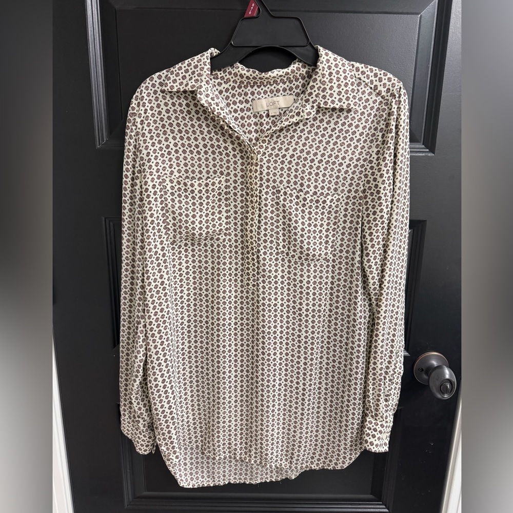 LOFT Cream Brown Floral Print Button Down Blouse Size S